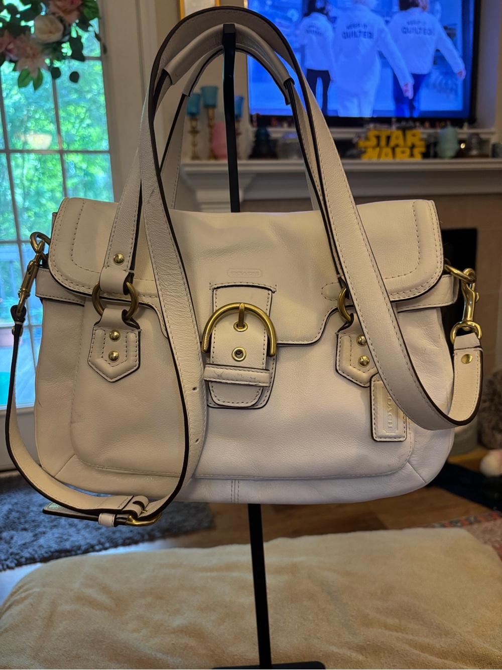 Coach Chalk White Leather Satchel with Gold-Tone Hardware